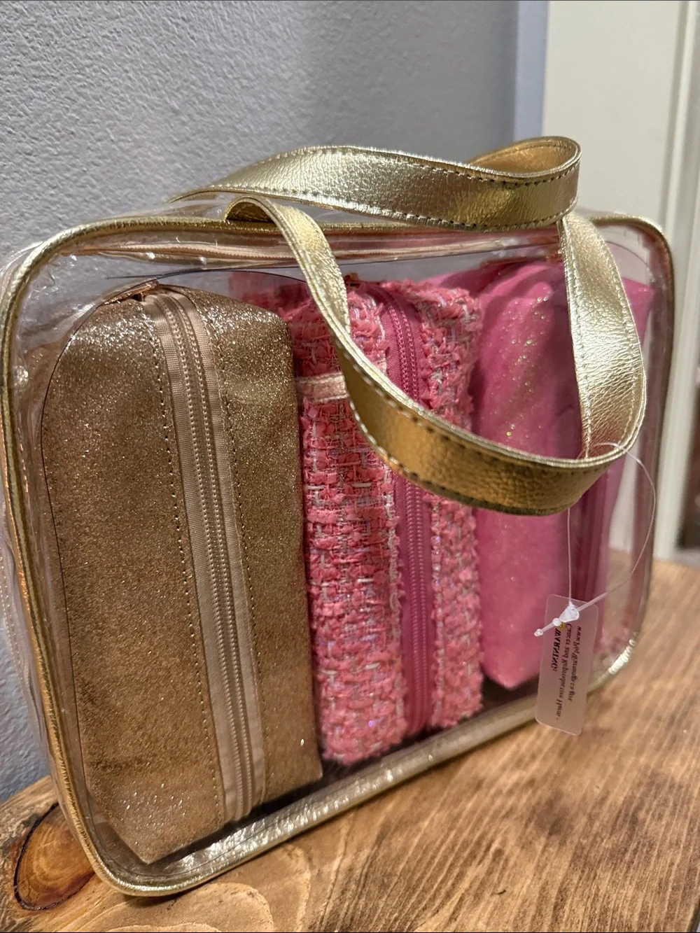 Clear Cosmetic Tote with Gold Trim and Pink & Gold Pouches